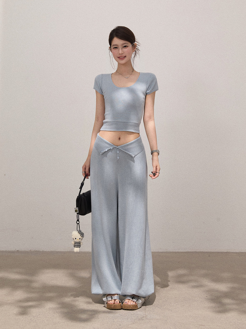 Knitted Slim Tee & High-waisted Pants Set
