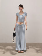 Knitted Slim Tee & High-waisted Pants Set