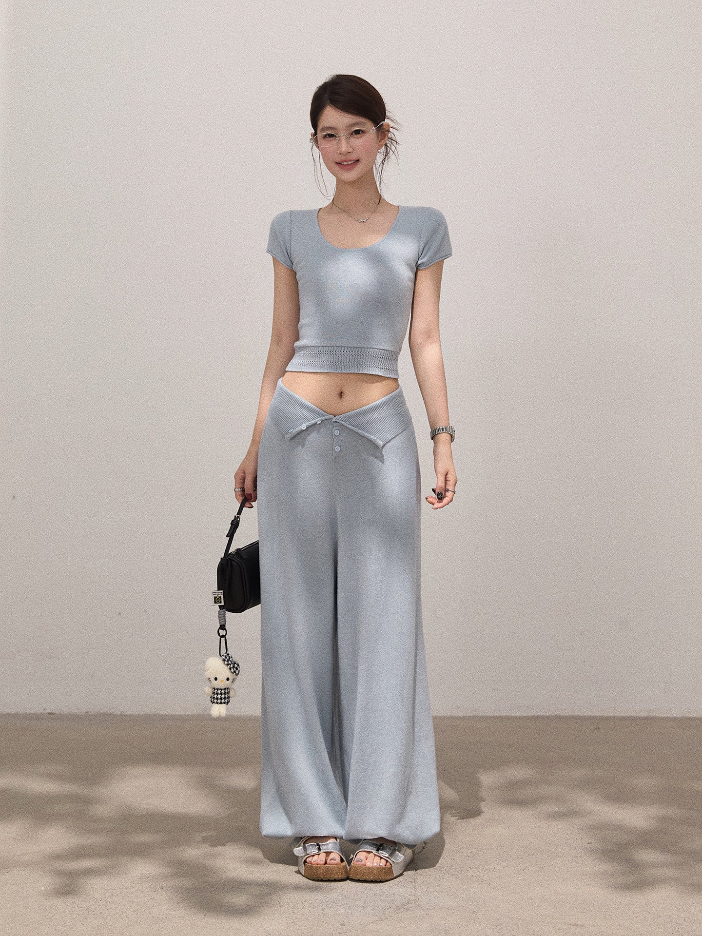 Knitted Slim Tee & High-waisted Pants Set