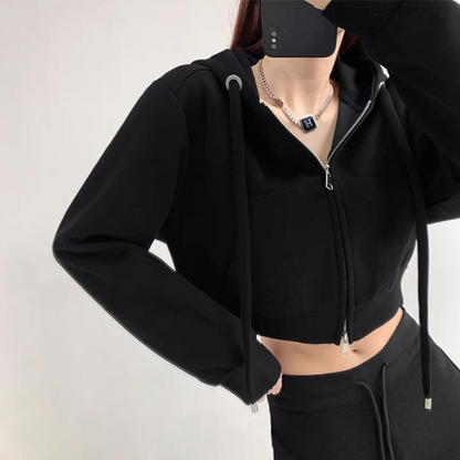 Casual Crop Top Zipper Hooded Jacket