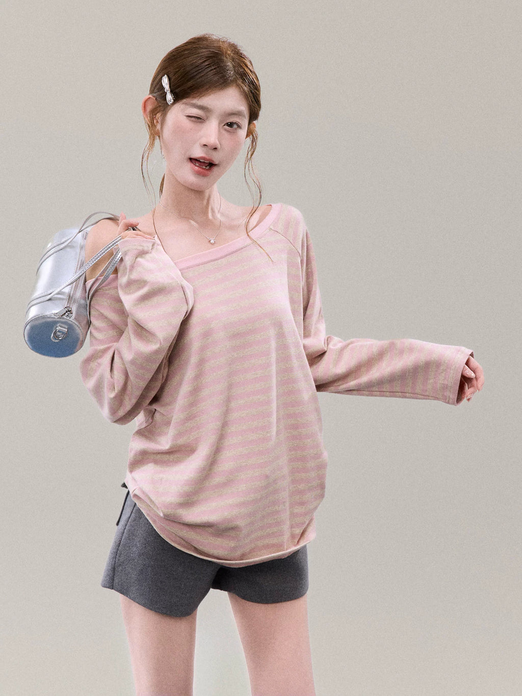 Off-Shoulder Pink Striped Knit Top