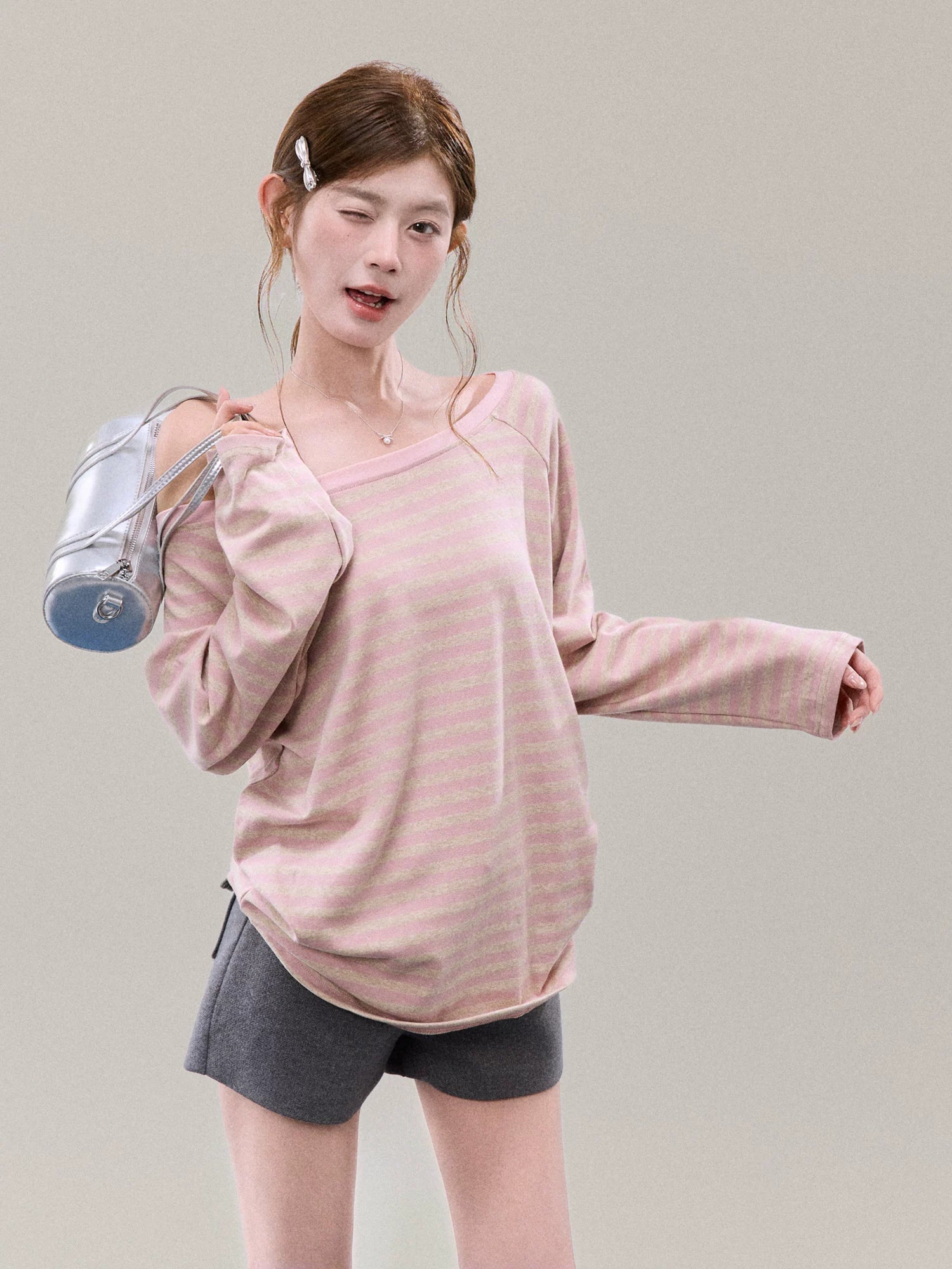 Off-Shoulder Pink Striped Knit Top