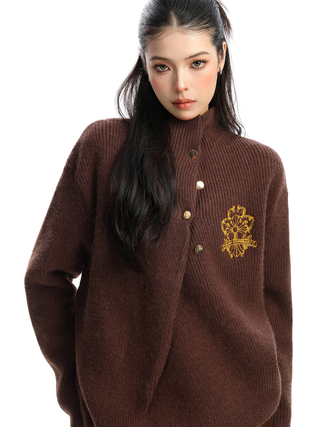 Cross Embroidery Turtleneck Sweater