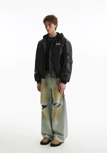 Two Pieces PU Lint Bomber Hooded Jacket