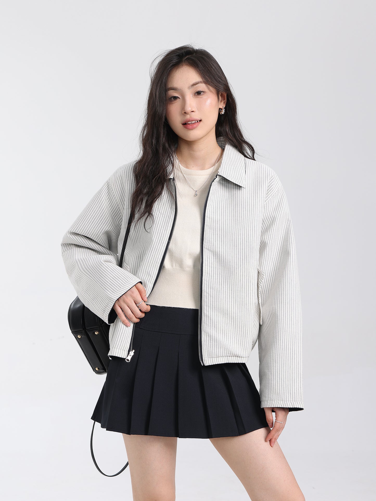 Reversible White Navy Korean Retro Striped Jacket