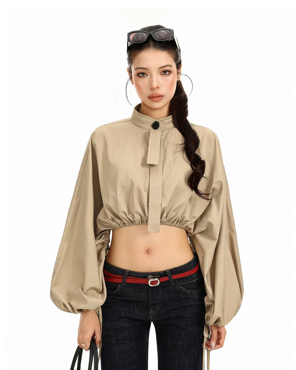 Drawstring Balloon Sleeve Cropped Jacket