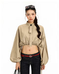 Drawstring Balloon Sleeve Cropped Jacket