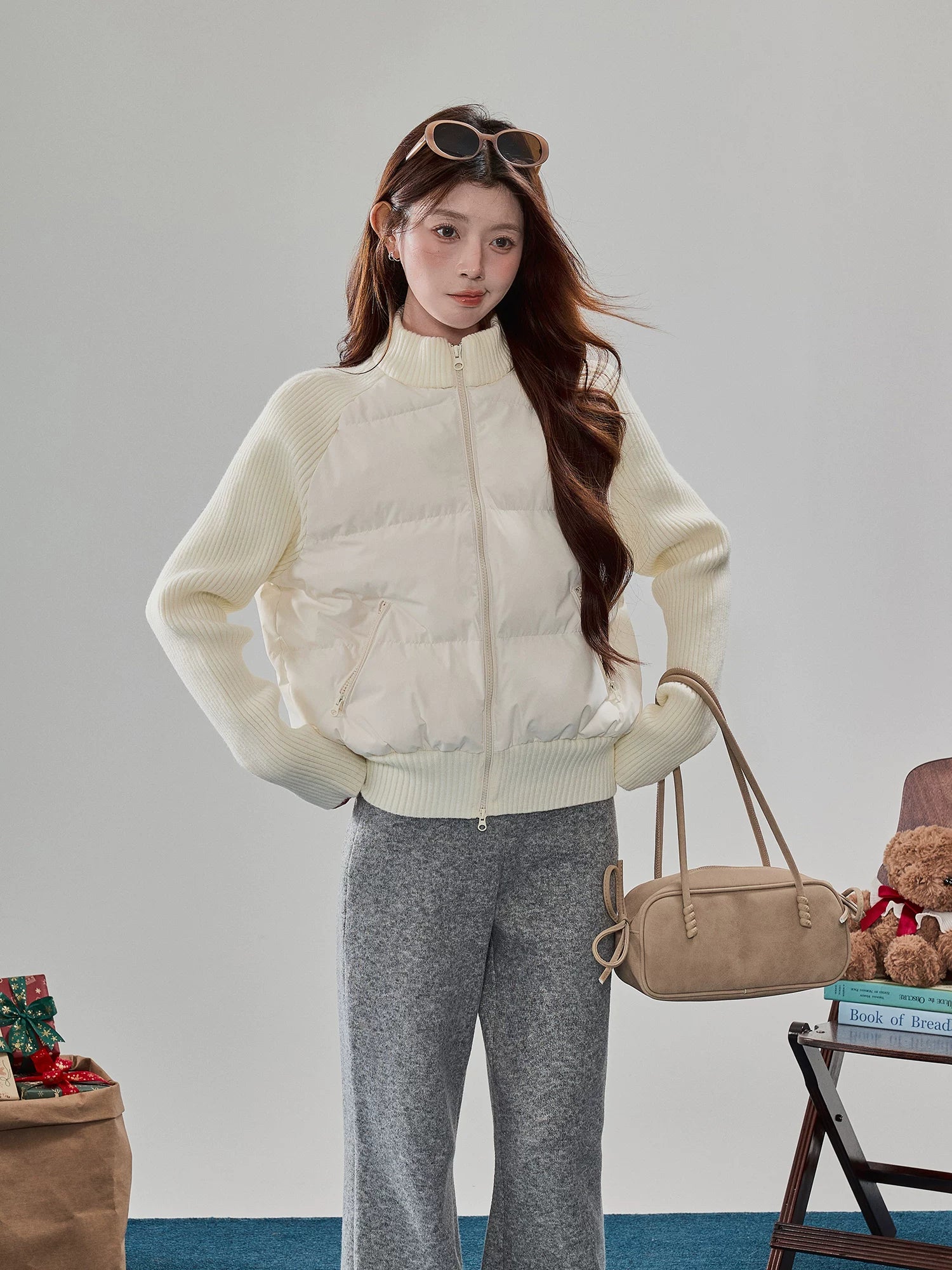 Ribbed Knit-Sleeve Quilted Puffer Jacket