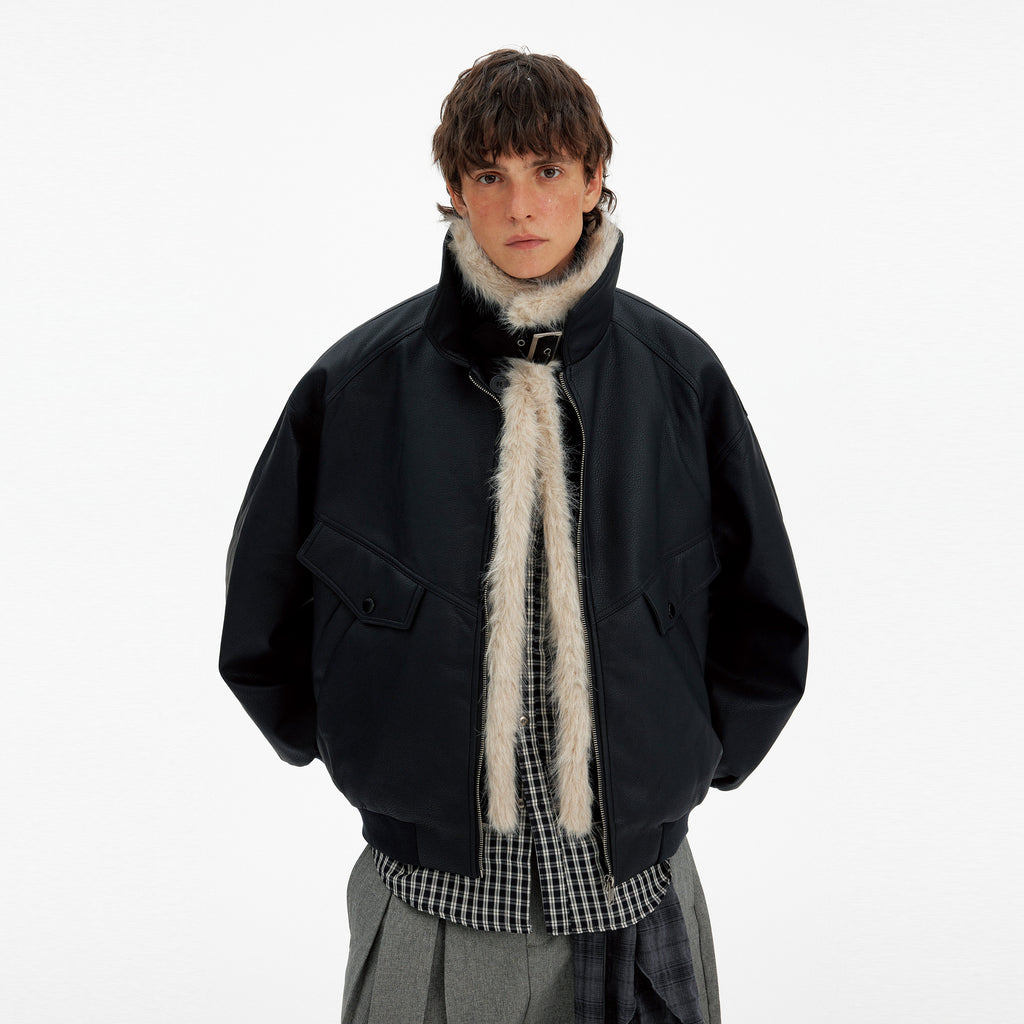 Fur Collar Patchwork PU Leather Jacket