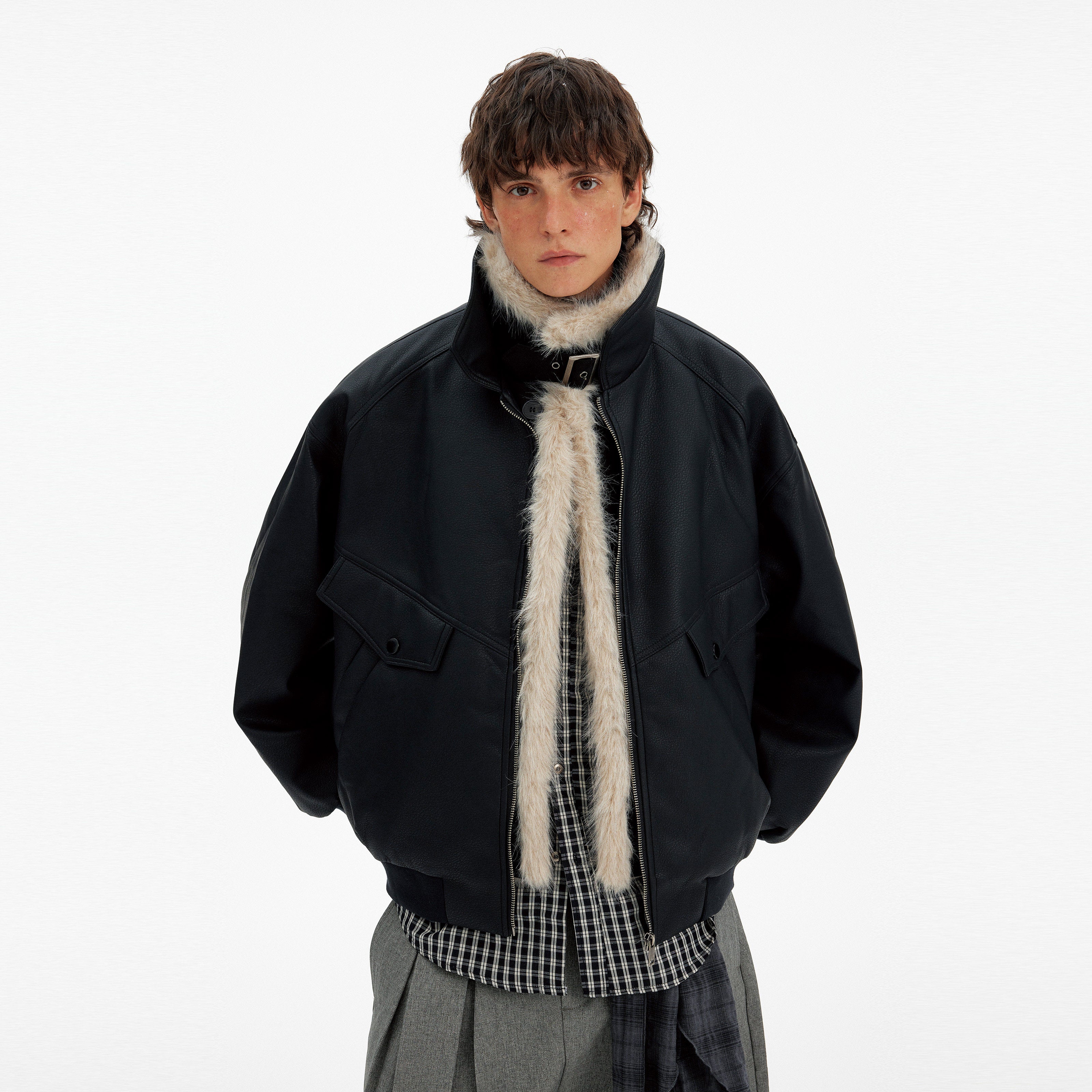 Fur Collar Patchwork PU Leather Jacket