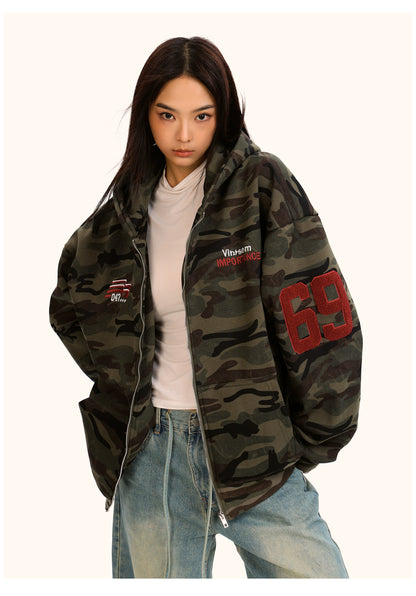 Fleece Thickened Camouflage Cardigan Hooded Retro Jacket