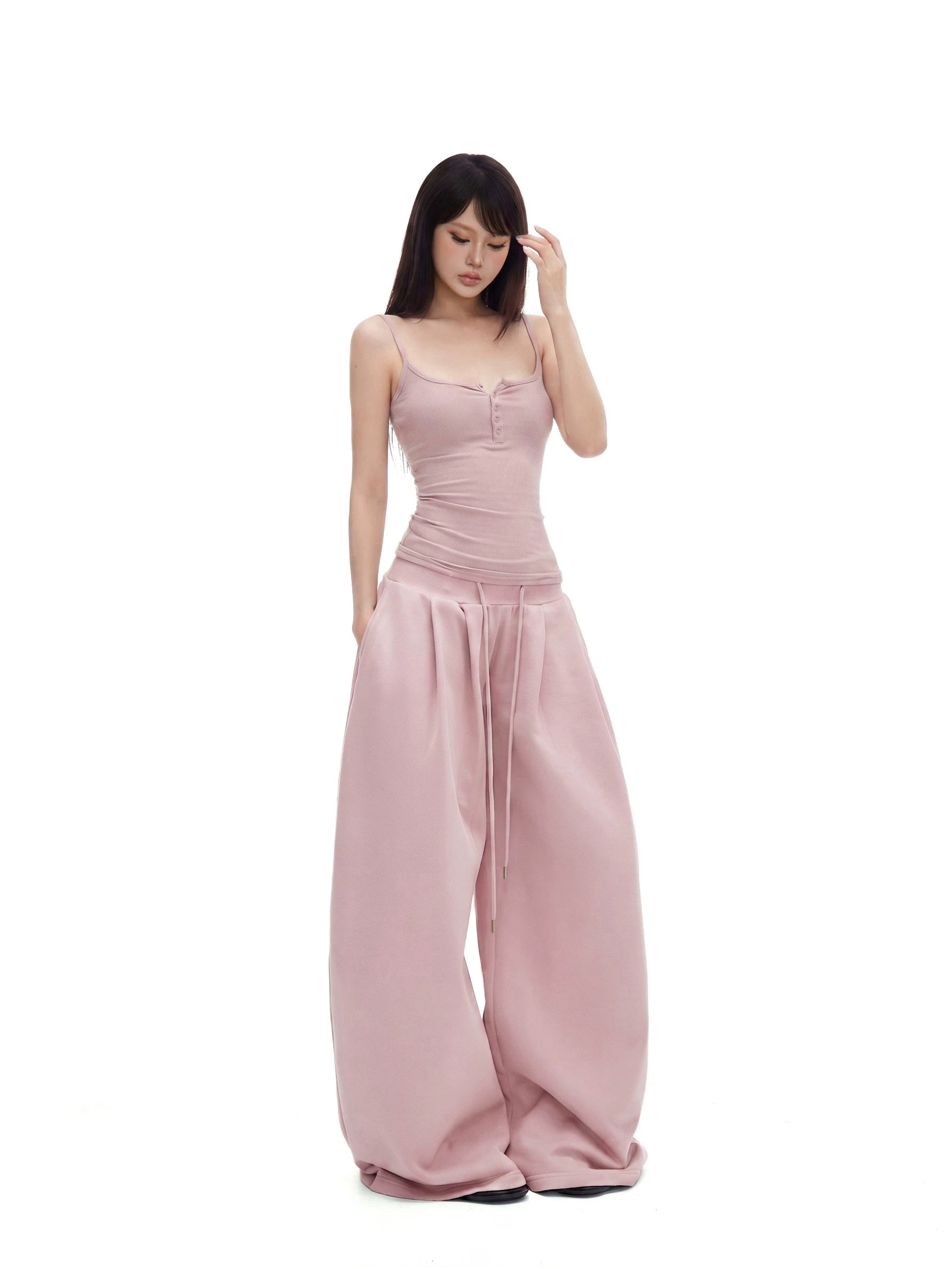 Button-Placket Cami & Drawstring Wide-Leg Pants Set