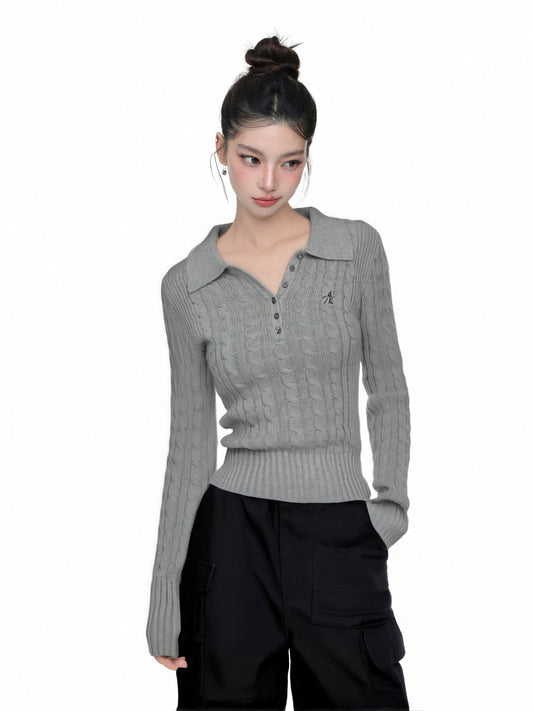 Polo Collar Slim Twist Knit Sweater