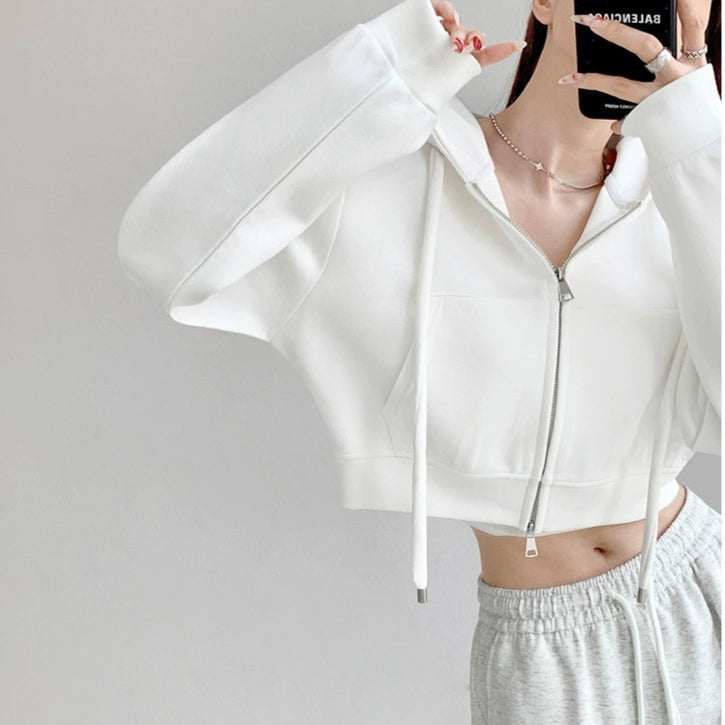 Casual Crop Top Zipper Hooded Jacket
