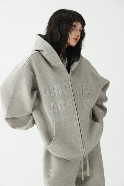 Embossed Set Hooded Zip Cardigan Sweatshirt Jacket + Athleisure Trousers