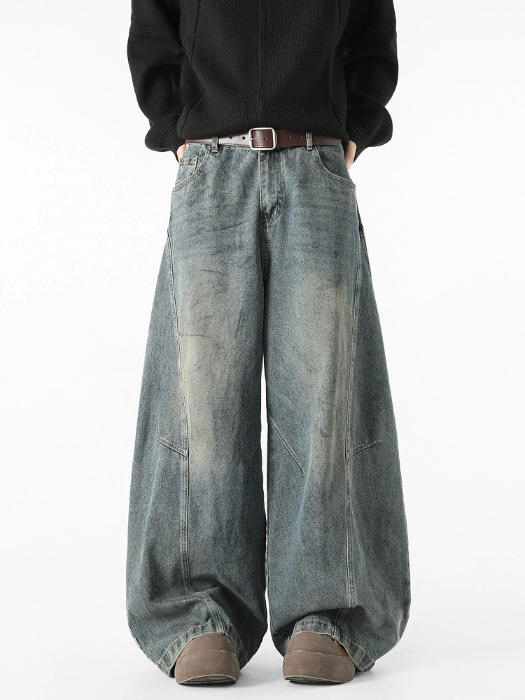Deconstructed Broken Wide-Leg Washed Jeans