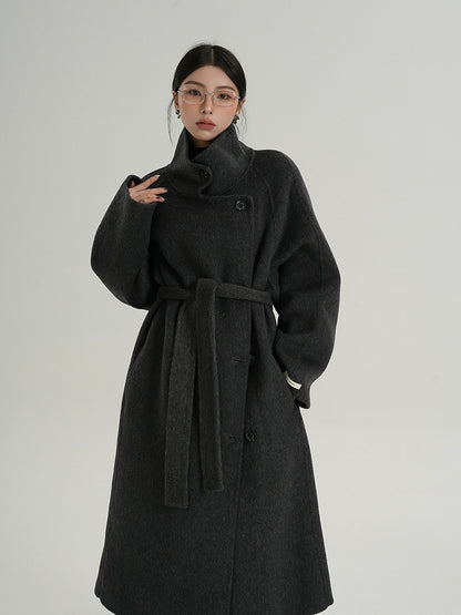 Premium Temperament Stand Collar Grey Long Coat