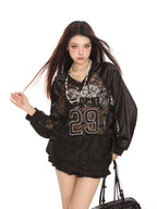 Cutout Lace V-Neck Baseball Sweatshirt