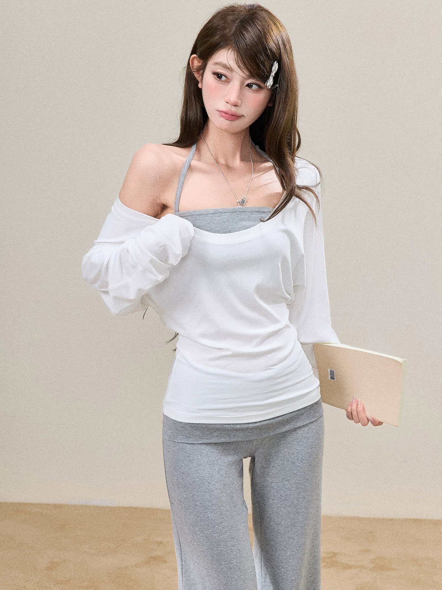 Off-Shoulder Cami-Layered Knit Top Set