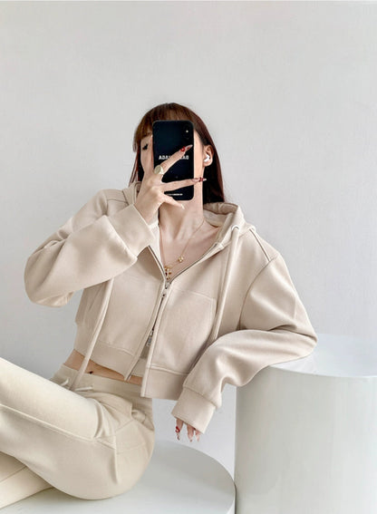 Casual Crop Top Zipper Hooded Jacket