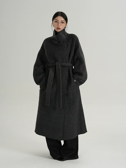 Premium Temperament Stand Collar Grey Long Coat