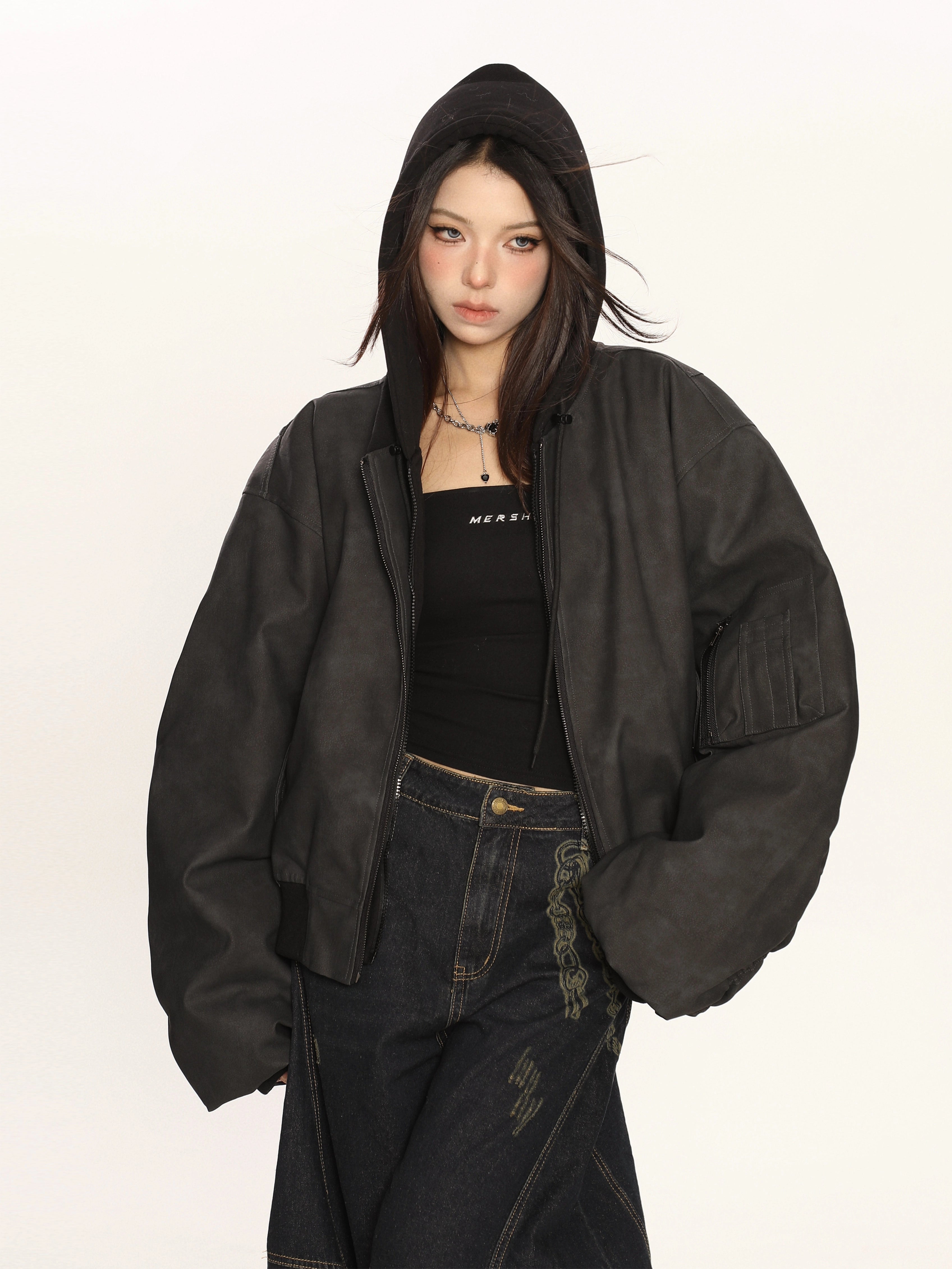 Heavy Double Layer Fake Two Piece Hooded Leather Jacket