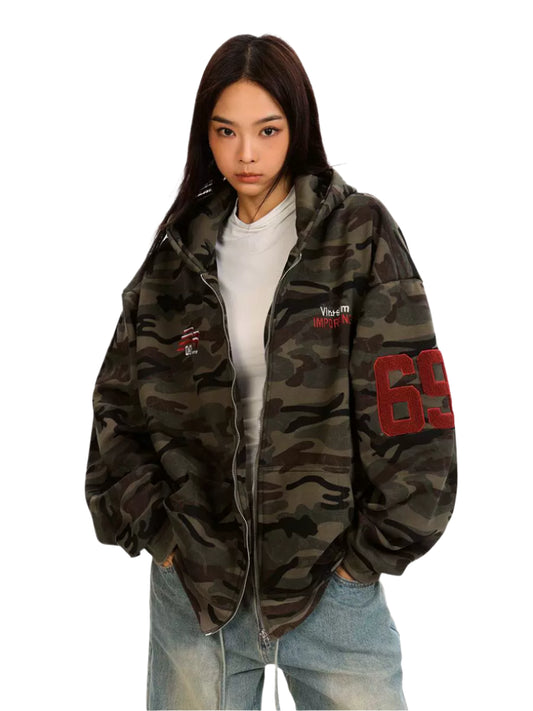 Fleece Thickened Camouflage Cardigan Hooded Retro Jacket