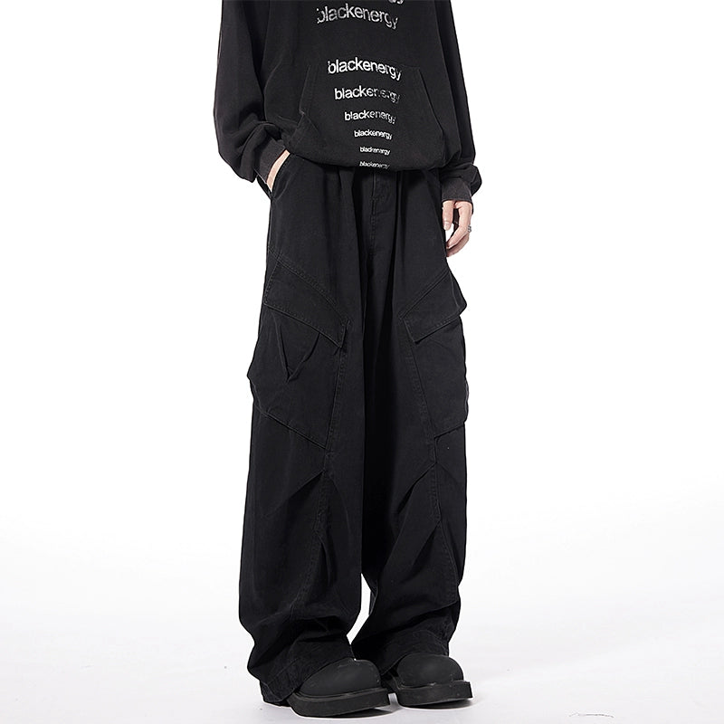 Multi-Pocket Straight-Leg Distressed Loose Wide-Leg Cargo Pants