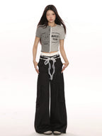 Double Waistband Bow Tie Casual Pants