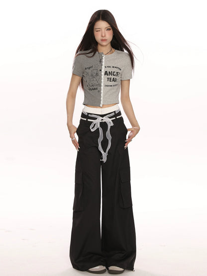 Double Waistband Bow Tie Casual Pants