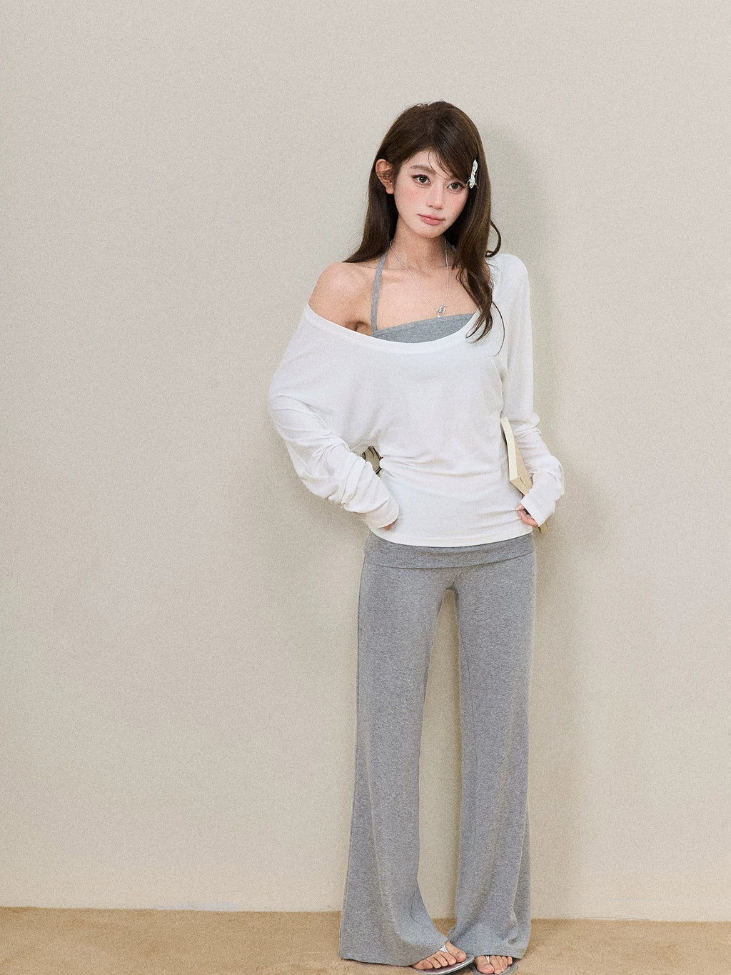 Fold-Over Waist Micro-Flare Knit Pants