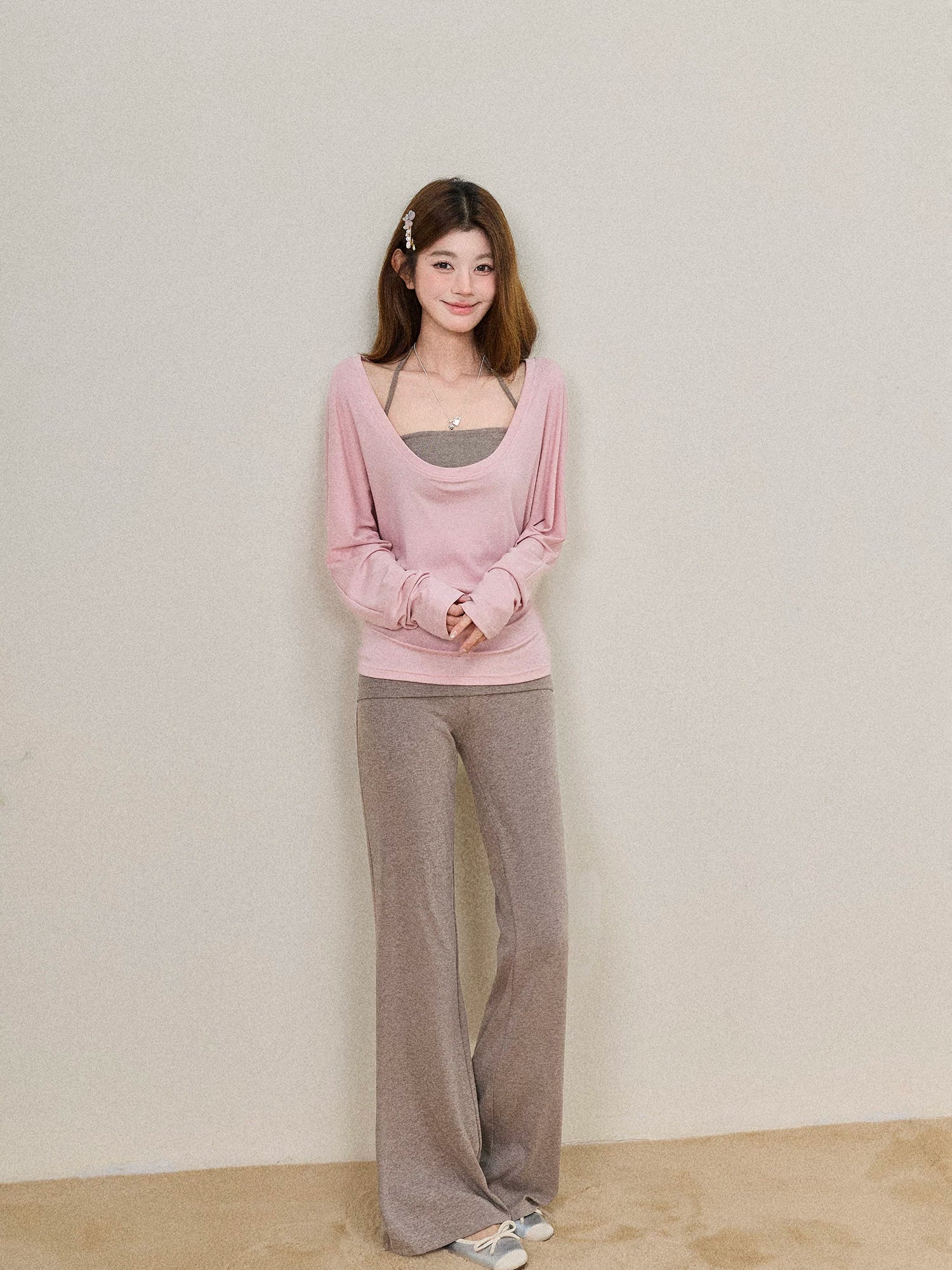 Fold-Over Waist Micro-Flare Knit Pants