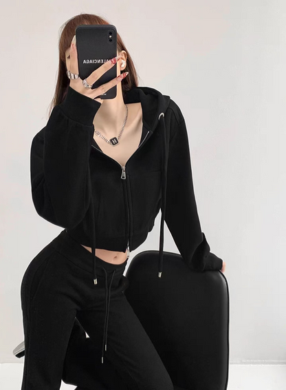 Casual Crop Top Zipper Hooded Jacket