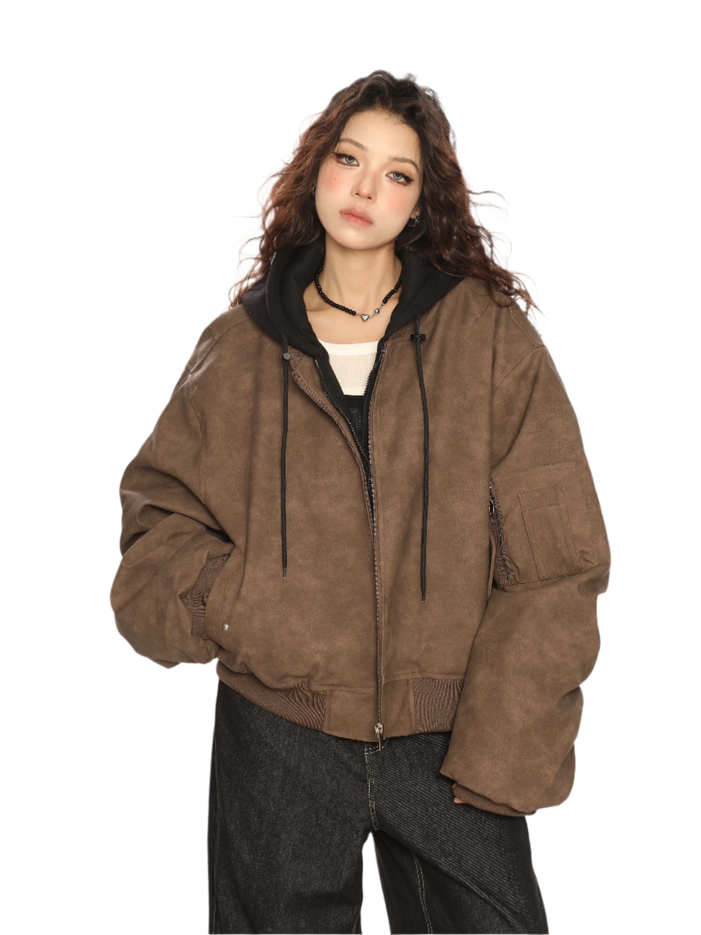 Heavy Double Layer Fake Two Piece Hooded Leather Jacket