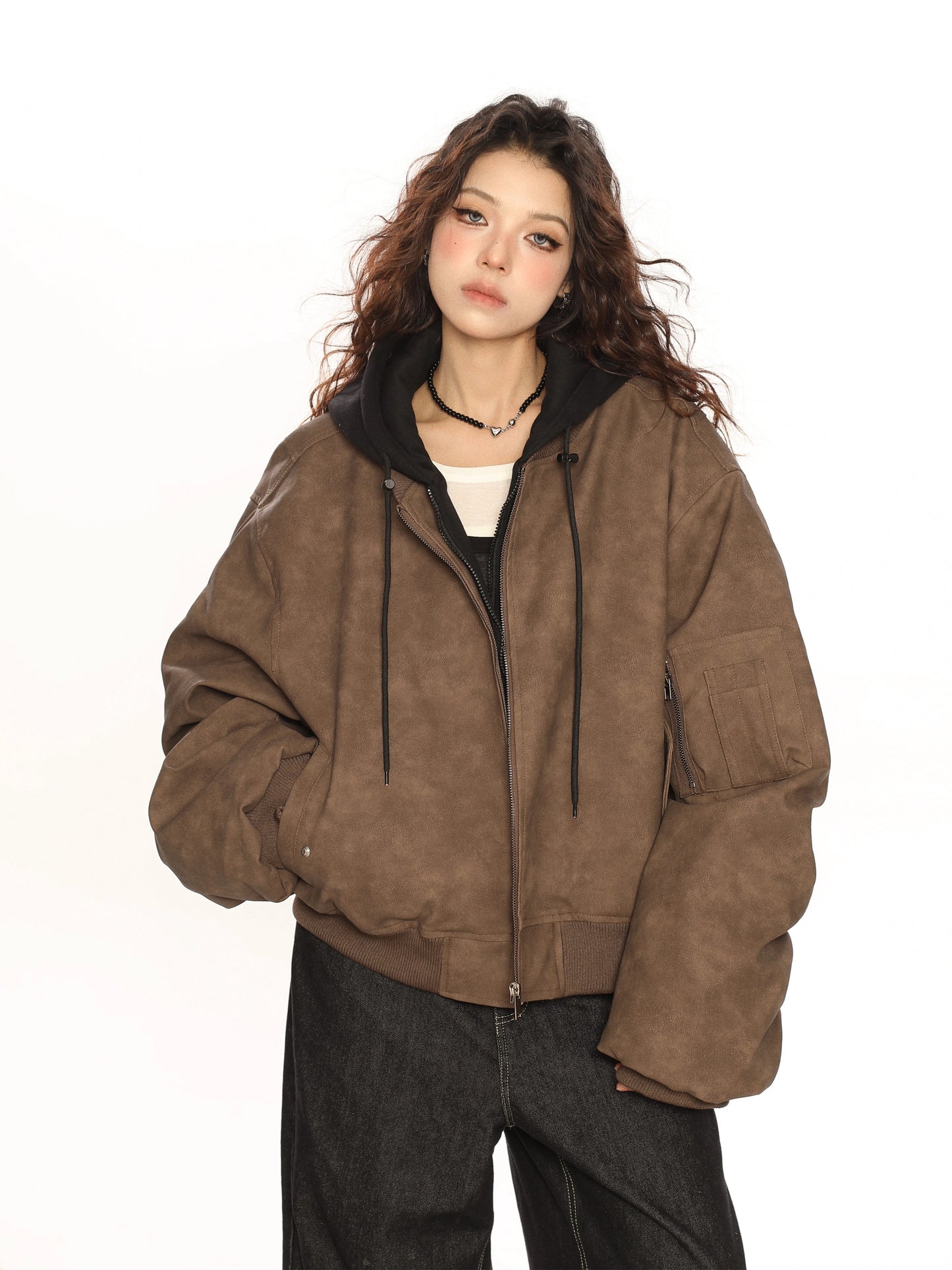 Heavy Double Layer Fake Two Piece Hooded Leather Jacket