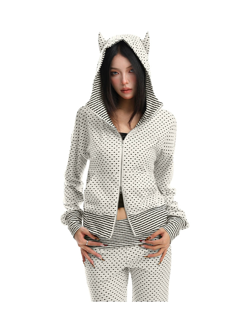 Korean Polka Dot Little Devil Hooded Jacket Set