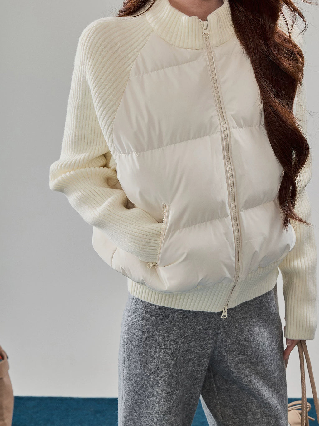 Ribbed Knit-Sleeve Quilted Puffer Jacket