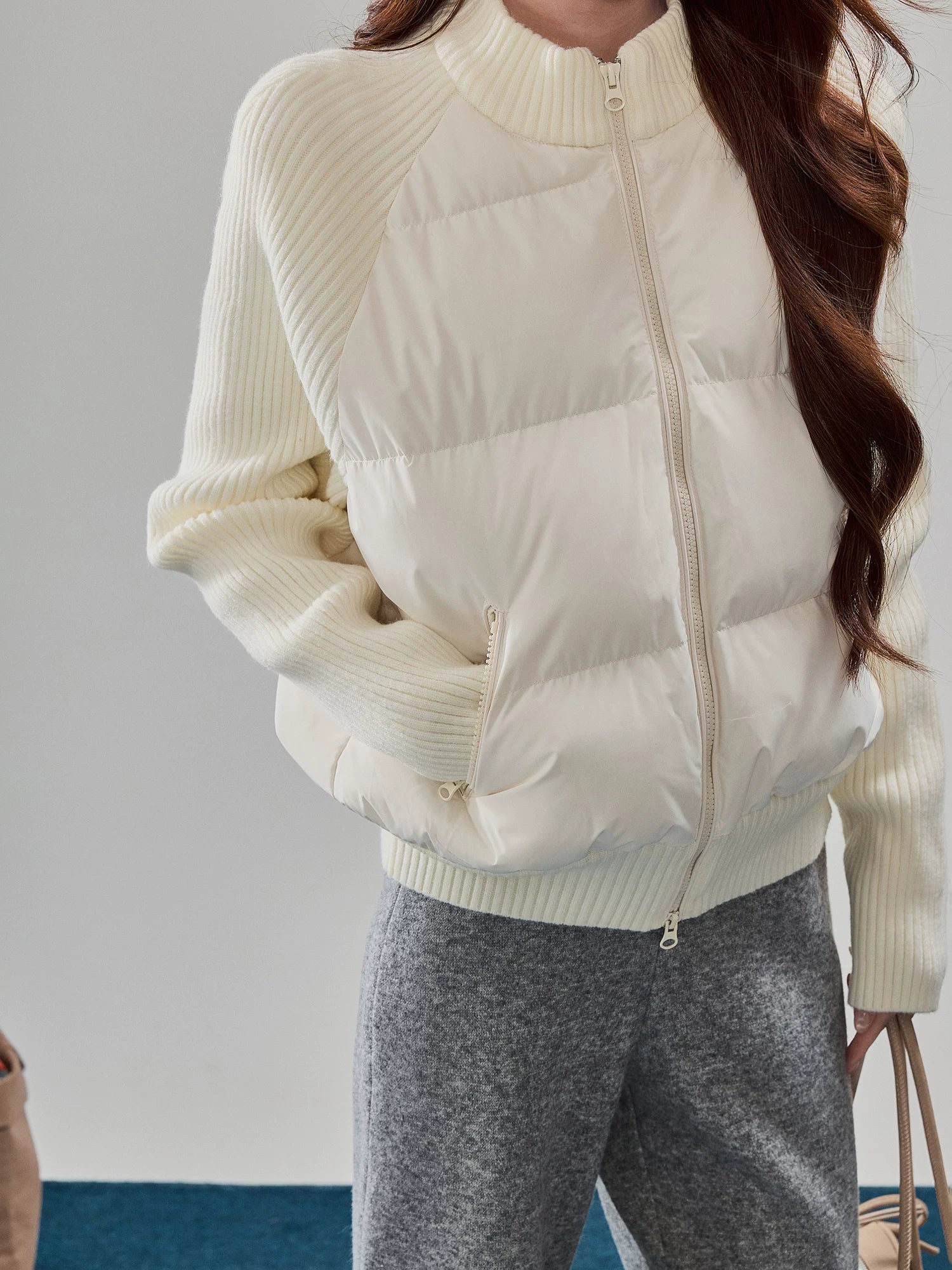 Ribbed Knit-Sleeve Quilted Puffer Jacket