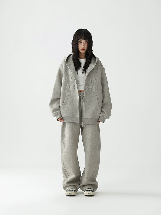 Embossed Set Hooded Zip Cardigan Sweatshirt Jacket + Athleisure Trousers