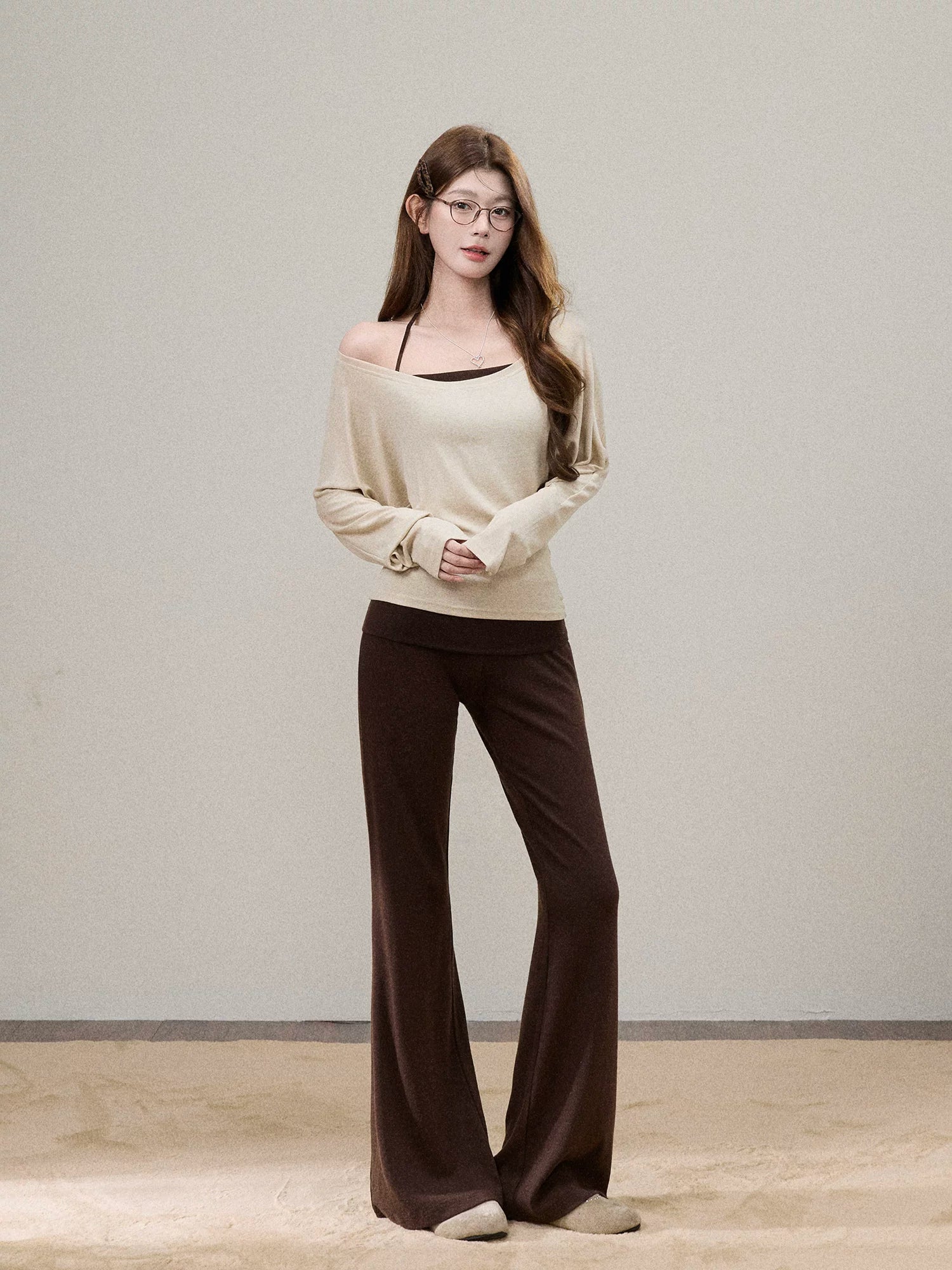 Fold-Over Waist Micro-Flare Knit Pants