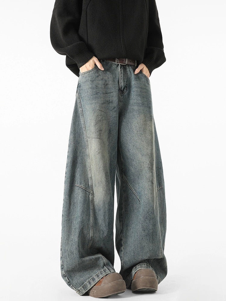 Deconstructed Broken Wide-Leg Washed Jeans
