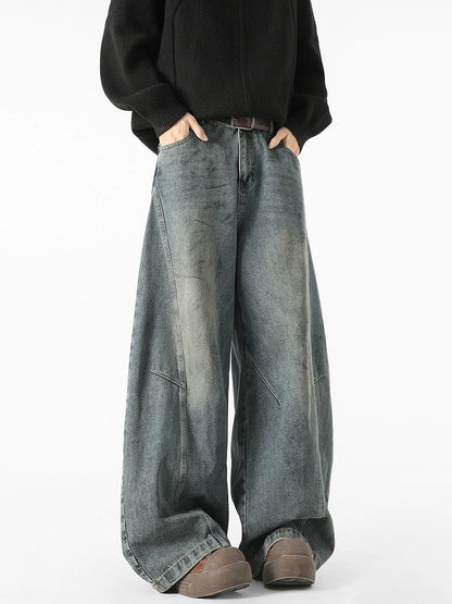 Deconstructed Broken Wide-Leg Washed Jeans