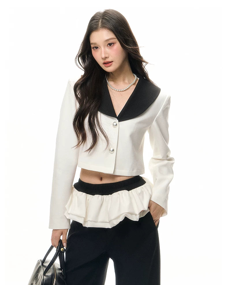 Contrast Sailor-Collar Cropped Blazer & Flared Wide-Leg Pants Set