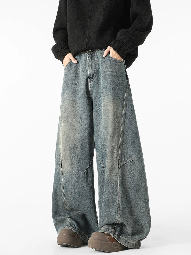 Deconstructed Broken Wide-Leg Washed Jeans