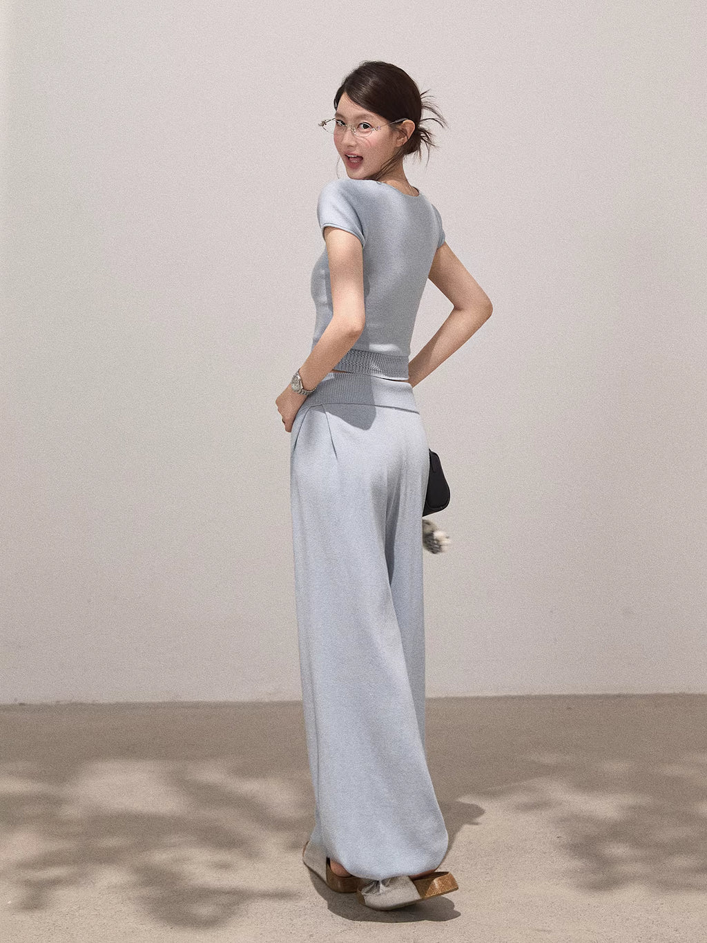 Knitted Slim Tee & High-waisted Pants Set