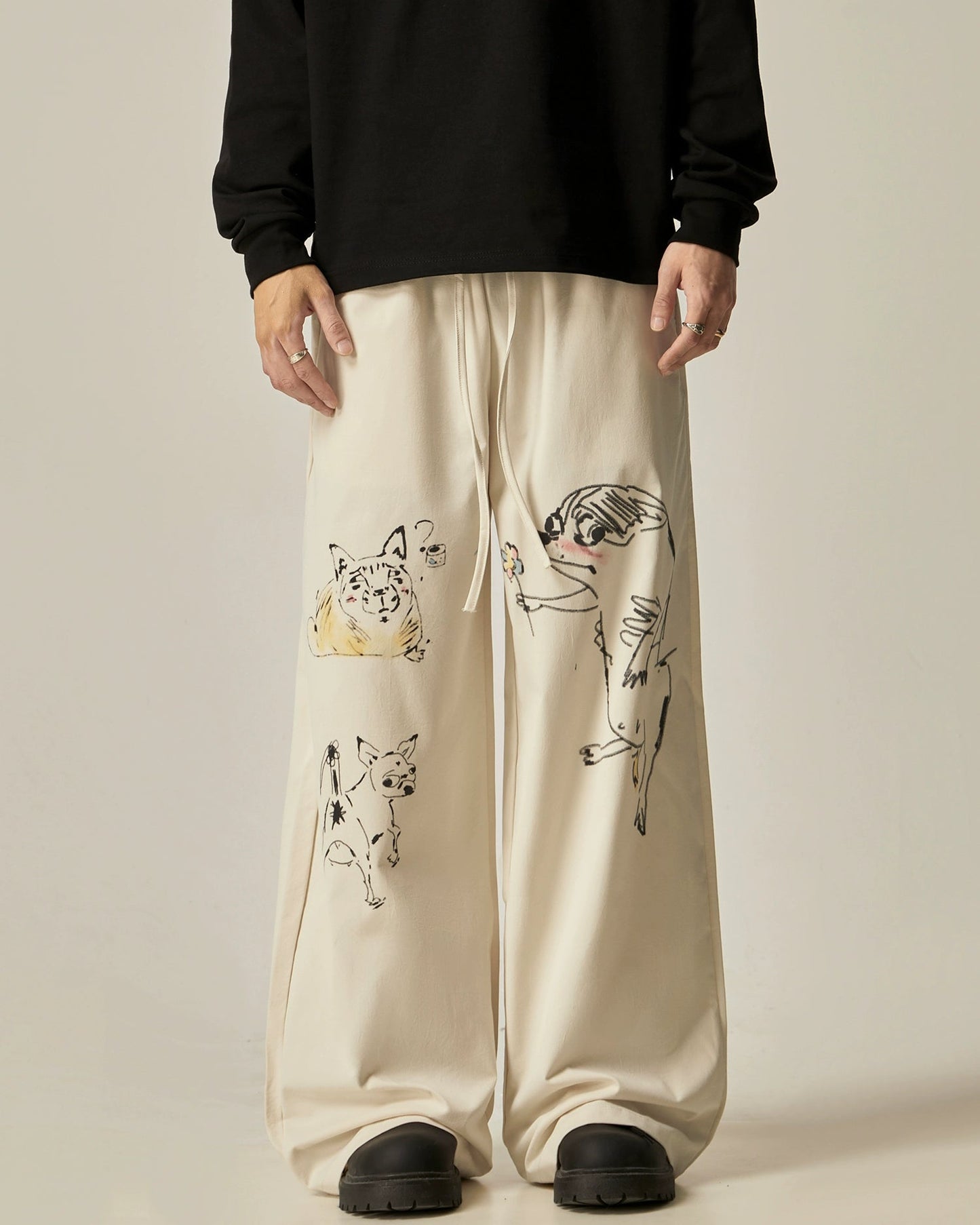 Retro Cat & Dog Sketch Wide-Leg Loose Pants