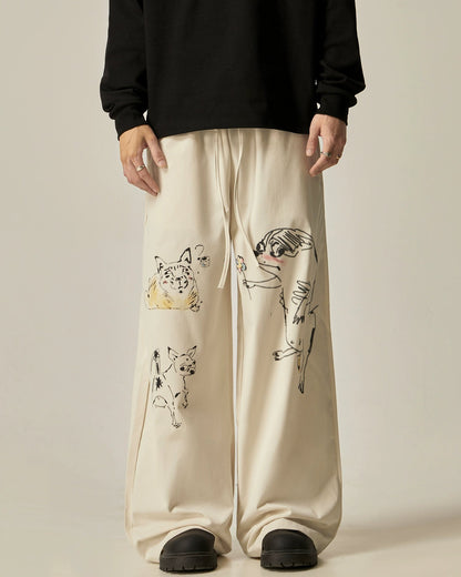 Retro Cat & Dog Sketch Wide-Leg Loose Pants