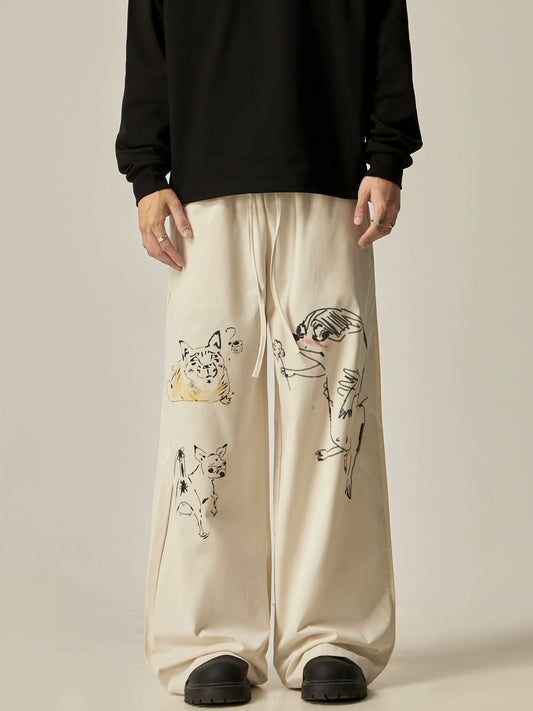 Retro Cat & Dog Sketch Wide-Leg Loose Pants