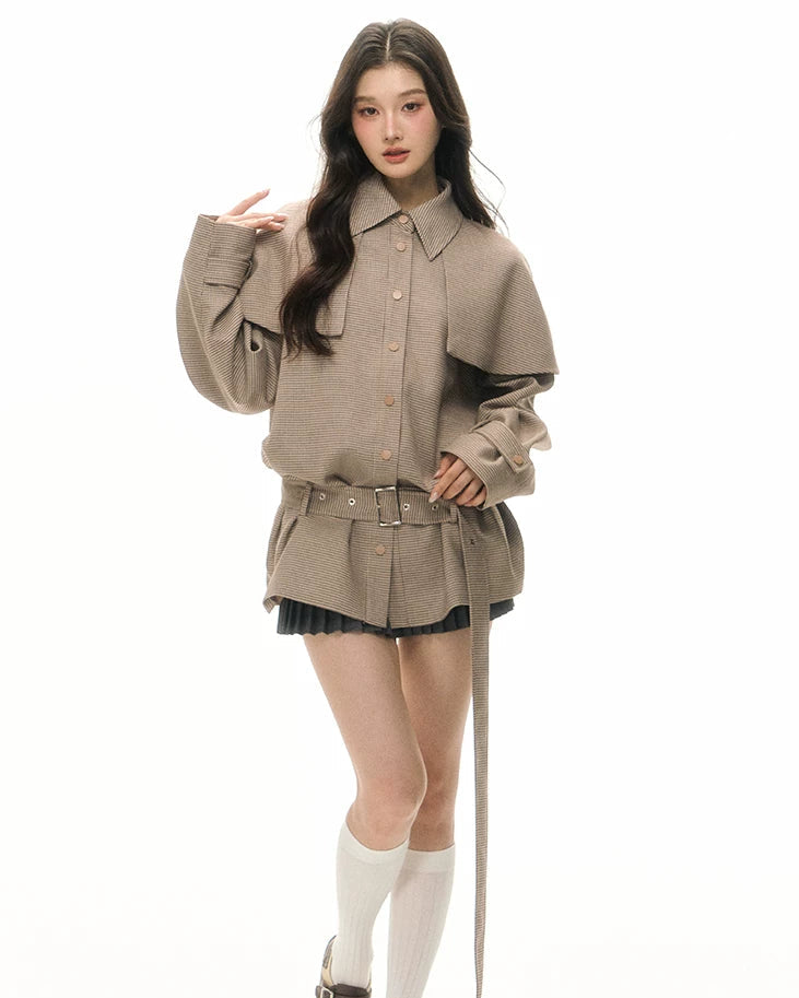 Houndstooth Detachable Cape Trench Jacket