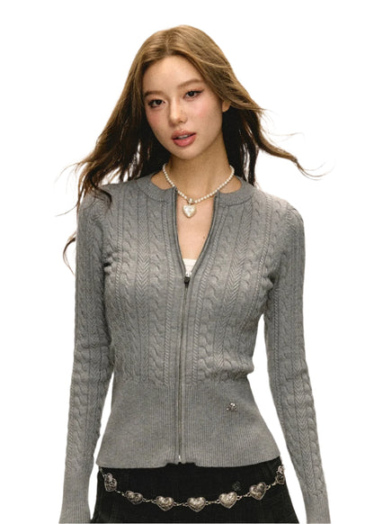 Round Neck Cable Cardigan Sweater